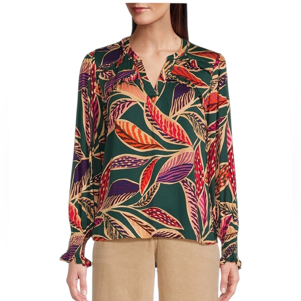 Democracy Deep Pine Woven Leaf Print Double Ruffle Yoke V-Neck Long Sleeve Top